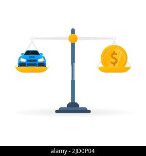 Money car bilancia in stile piatto su sfondo dorato. Illustrazione vettoriale piatta Illustrazione Vettoriale