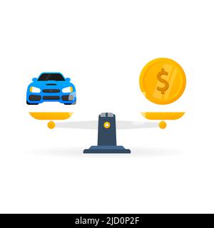 Money car bilancia in stile piatto su sfondo dorato. Illustrazione vettoriale piatta Illustrazione Vettoriale