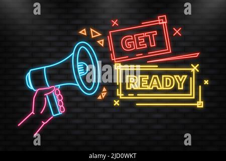 Icona neon. Banner blu megafono con cartello Get Ready. Illustrazione vettoriale Illustrazione Vettoriale