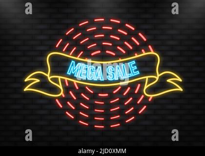 Icona neon. Mega vendita nastro, grande design per qualsiasi scopo. Icona del vettore aziendale. Mega vendita. Etichetta prezzo. Illustrazione Vettoriale