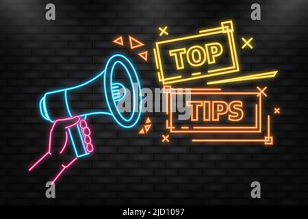 Icona neon. Top punte striscione giallo megaphone in stile piatto. Illustrazione vettoriale Illustrazione Vettoriale