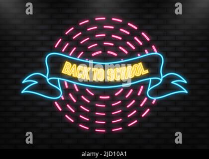 Nastro al neon di ritorno a scuola su sfondo bianco. Concetto aziendale. Illustrazione vettoriale creativa. Banner di vendita. Illustrazione Vettoriale