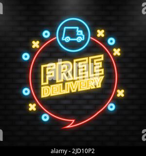 Icona neon. Badge del servizio di consegna gratuito. Ordine di consegna gratuito con auto su sfondo bianco. Illustrazione vettoriale. Illustrazione Vettoriale
