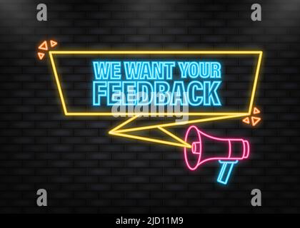 Icona neon. Vogliamo il tuo feedback megaphone giallo banner in stile 3D. Illustrazione vettoriale Illustrazione Vettoriale