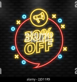 Icona neon. Pubblicità flat trendy con 30% di sconto flat badge per promo design. Illustrazione vettoriale. Illustrazione Vettoriale