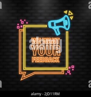 Icona neon. Vogliamo il tuo feedback megaphone giallo banner in stile 3D. Illustrazione vettoriale Illustrazione Vettoriale