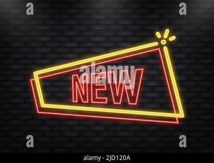 Icona neon. Nuovo testo su banner rosso, pubblicità, illustrazione vettoriale Illustrazione Vettoriale