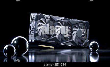 3d rendering di grafica moderna o scheda video per gamer o crypto mining con bordi duri e ventilatori design industriale con nero scuro elegante illuminazione e. Foto Stock