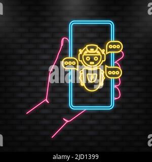 Icona neon. La mano tiene il telefono con chat con bot su sfondo blu. Illustrazione vettoriale Illustrazione Vettoriale
