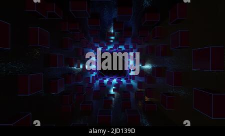 Illustrazione 3D sfondo per la pubblicità e lo sfondo in retro e fantascienza cyberpunk scena. Rendering 3D in un concetto decorativo. Foto Stock