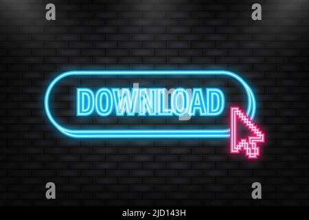 Icona neon. Timbro blu di download isolato su sfondo bianco. Scaricare il file. Illustrazione Vettoriale