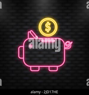 Denaro Piggy banca creativa concetto di business. Icona neon. Servizi finanziari. Illustrazione vettoriale. Illustrazione Vettoriale
