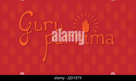 Guru Purnima Calligraphy orizzontale. Hindu banner festival spirituale Vector Illustration. Sfondo rosso-arancione. Disegno grafico a mano blessing Illustrazione Vettoriale