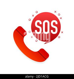 SOS scritta in un telefono icona isolato su sfondo bianco. Segnale acustico, segnale di aiuto. Design piatto. Illustrazione vettoriale. Illustrazione Vettoriale