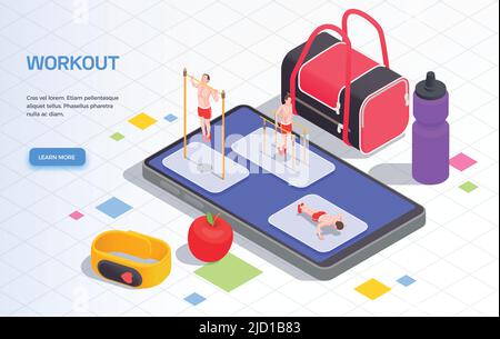 Workout isometric persone sfondo composizione di testo modificabile per saperne di più pulsante e piccole persone con gadget illustrazione vettoriale Illustrazione Vettoriale