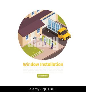 Vetrine in PVC sostituzione installazione servizio consegna composizione isometrica con vetri arrivo alla casa clienti illustrazione vettoriale Illustrazione Vettoriale