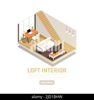 Moderno loft studio interno isometrico design con finestra di vetro parete computer scrivania divano attico Lader illustrazione vettoriale Illustrazione Vettoriale