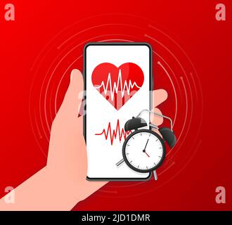 Applicazione cardio per la progettazione medica. Design di banner. Vettore isometrico. Banner Web. Cuore rosso. Illustrazione Vettoriale