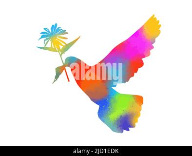 silhouette colorata di una colomba volante con un fiore su sfondo bianco. Illustrazione vettoriale Illustrazione Vettoriale