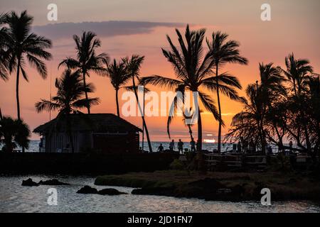 Tramonto sotto le palme, 'Anaeho'omalu Beach, Waikoloa, Big Island, Hawaii, USA Foto Stock