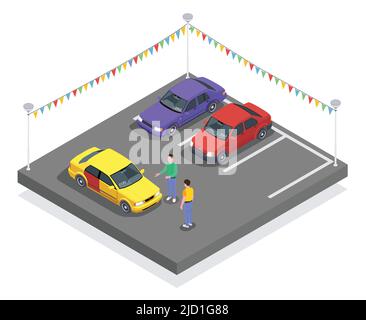 Uso della proprietà dell'automobile composizione isometrica con le automobili al parcheggio e caratteri del venditore e dell'illustrazione del vettore dell'acquirente Illustrazione Vettoriale