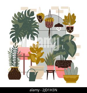 Composizione di piante domestiche con paesaggio interno con finestra e piante esotiche con fiori che crescono in vasi illustrazione vettoriale Illustrazione Vettoriale