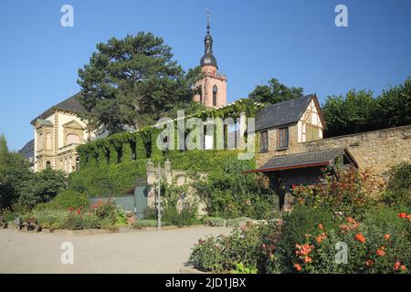 Piazza Montrichard e le mura del Castello elettorale di Eltville, Rheingau, Taunus, Assia, Germania Foto Stock