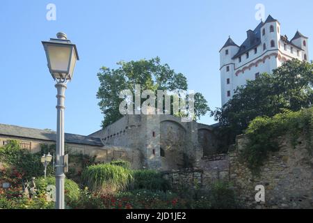 Piazza Montrichard e Castello elettorale a Eltville, Rheingau, Taunus, Assia, Germania Foto Stock