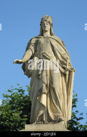 Germania figura sulla piazza di Montrichard in Eltville, Rheingau, Taunus, Assia, Germania Foto Stock