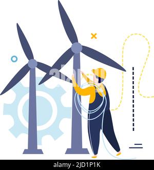 Composizione di icone piatte per elettricità e illuminazione con carattere di elettricista che collega i cavi alle turbine eoliche illustrazione vettoriale Illustrazione Vettoriale