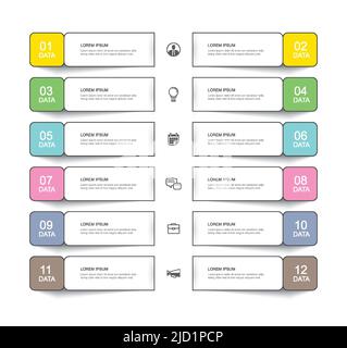 12 scheda dati infografici modello di indice a linea sottile. Illustrazione vettoriale sfondo infografico quadrato astratto. Illustrazione Vettoriale