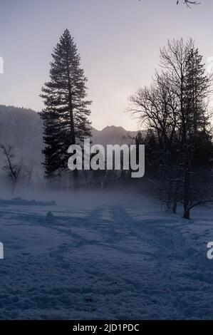 La valle di Yosemite è circondata da un sottile strato di nebbia che si estende sul fiume merced, fornendo un'atmosfera inquietante intorno al tramonto. Foto Stock