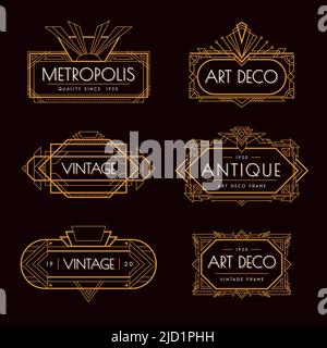 Art deco 6 fine oro geometrico stile lusso etichette modelli set sfondo nero isolato antico vettore illustrazione Illustrazione Vettoriale