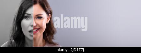 Close-up di una giovane donna che mostra triste e felice di emozioni Foto Stock