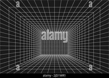 Camera con griglia a reticolo prospettico. Scatola digitale interna, geometria del tunnel a griglia su sfondo nero. Tecnologia informatica di rete. Illustrazione vettoriale. Illustrazione Vettoriale