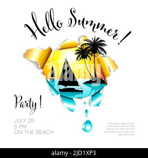 Ciao estate! Modello poster intestazione banner festa estiva con yacht mare caldo estate e palme su sfondo bianco con posto per la tua invita Illustrazione Vettoriale