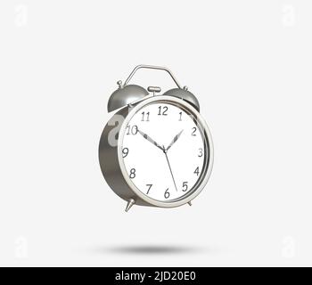 Vecchio orologio da tavolo 3D icona. 2 sveglia realistica. Orologio da tavolo Classic color argento con timer. Strumento vintage di gestione del tempo del mattino. Due retrospettive Foto Stock