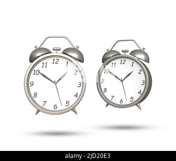 Vecchio orologio da tavolo 3D icona. 2 sveglia realistica. Orologio da tavolo Classic color argento con timer. Strumento vintage di gestione del tempo del mattino. Due retrospettive Foto Stock