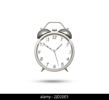 Vecchio orologio da tavolo 3D icona. 2 sveglia realistica. Orologio da tavolo Classic color argento con timer. Strumento vintage di gestione del tempo del mattino. Due retrospettive Foto Stock
