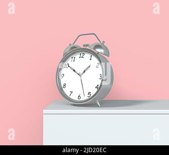 Vecchio orologio da tavolo 3D icona. 2 sveglia realistica. Orologio da tavolo Classic color argento con timer. Strumento vintage di gestione del tempo del mattino. Due retrospettive Foto Stock