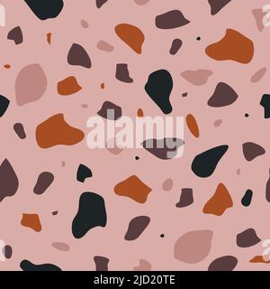 Motivo vettoriale senza giunture con trama terrazzo su sfondo rosa. Semplice disegno artistico mosaico griglia carta da parati. Tessuto decorativo di moda. Illustrazione Vettoriale