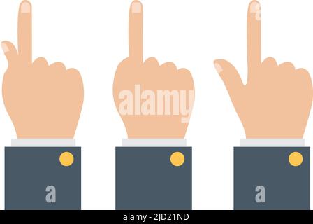 mano con dito puntato su sfondo bianco. cartello con la mano. stile piatto. Foto Stock