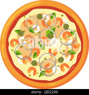 Pizza con frutti di mare. Cartoon Italian fast food vista dall'alto Illustrazione Vettoriale