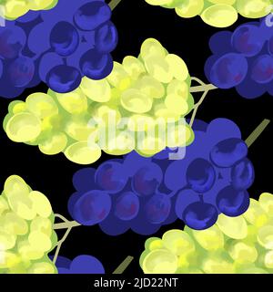 Motivo senza cuciture con illustrazione di uve blu e gialle in stile acquerello Illustrazione Vettoriale