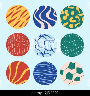Sfondi o pattern astratti del cerchio impostati. Forme ricurve di doodle disegnate a mano. Pelle animale, trattino, punti, linee ondulate. Elemenys moderno contemporaneo per po Illustrazione Vettoriale