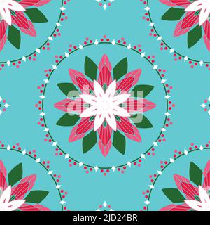 Motivo vettoriale senza giunture con cerchio di fiori di loto su sfondo blu. Zen Lily simbolo carta da parati design. Tessuto decorativo floreale di moda. Illustrazione Vettoriale