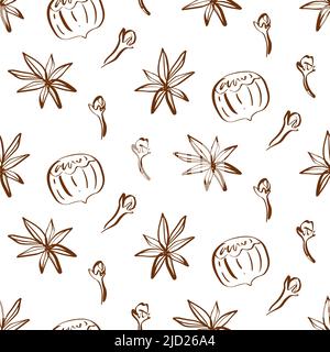 Modello senza giunture Spice Vector. Il doodle disegnato a mano disegna il cibo desig Illustrazione Vettoriale