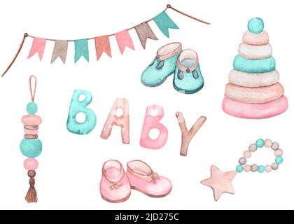 Acquerello con bandiere, giocattoli per bambini, lettering BAMBINO, stivaletti. Set di elementi di design boho disegnati a mano. Design per logo, tessuto bambino, stampa. Foto Stock
