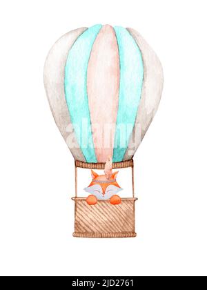 Simpatica volpe su un pallone ad aria calda. Stile boho. Acquerello disegnato a mano isolato su sfondo bianco per stampa, biglietto, invito, poster, etichetta. Foto Stock