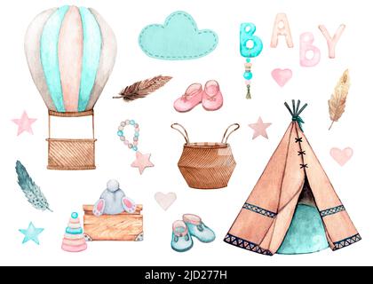 Teepee per bambini per giochi, mongolfiera, nuvola, lettere per bambini, giocattoli, booties del bambino ed altri elementi acquerelli. Set di boho disegnato a mano. Foto Stock